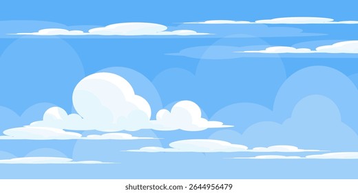Sky with Clouds illustration in flat style. Sky and clouds background. Cloudy vector cartoon illustration in blue color. Nature abstract wallpaper.