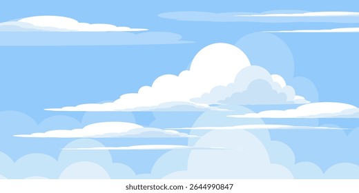 Cielo con la ilustración de las nubes en estilo plano. Cielo y fondo de nubes. Ilustración de dibujos animados de Vector nublado en color azul. Fondo de pantalla abstracto de Naturaleza.