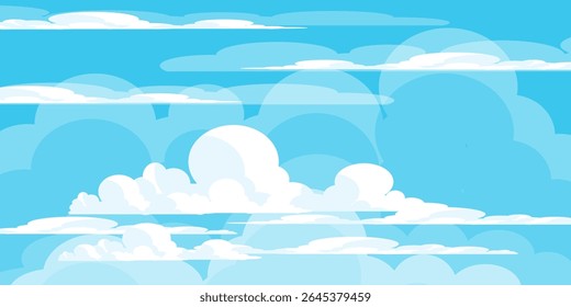 Sky with Clouds illustration in flat style. Sky and clouds background. Cloudy vector cartoon illustration in blue color. Nature abstract wallpaper.
