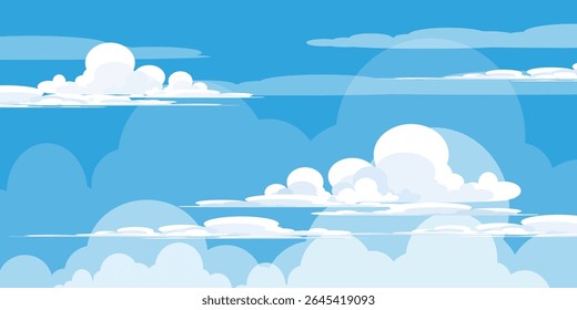 Sky with Clouds illustration in flat style. Sky and clouds background. Cloudy vector cartoon illustration in blue color. Nature abstract wallpaper.