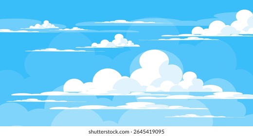 Sky with Clouds illustration in flat style. Sky and clouds background. Cloudy vector cartoon illustration in blue color. Nature abstract wallpaper.