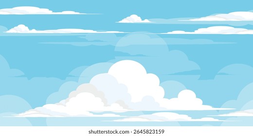 Sky with Clouds illustration in flat style. Sky and clouds background. Cloudy vector cartoon illustration in blue color. Nature abstract wallpaper.