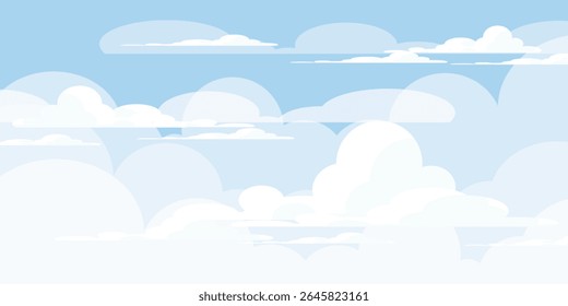 Sky with Clouds illustration in flat style. Sky and clouds background. Cloudy vector cartoon illustration in blue color. Nature abstract wallpaper.
