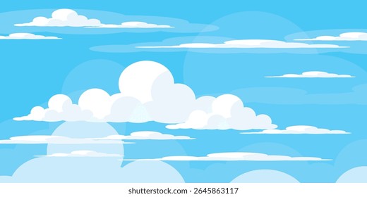 Sky with Clouds illustration in flat style. Sky and clouds background. Cloudy vector cartoon illustration in blue color. Nature abstract wallpaper.