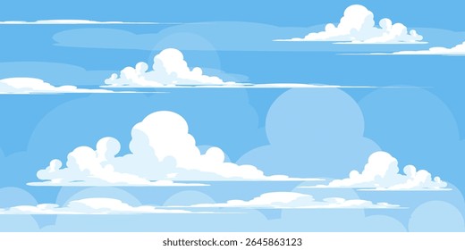 Sky with Clouds illustration in flat style. Sky and clouds background. Cloudy vector cartoon illustration in blue color. Nature abstract wallpaper.