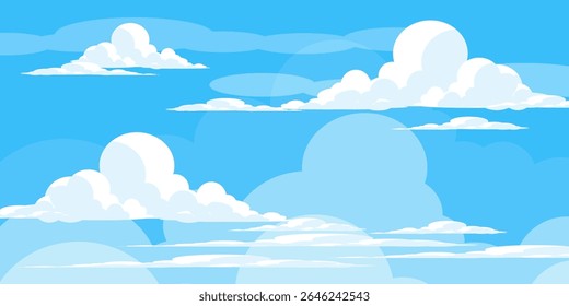 Sky with Clouds illustration in flat style. Sky and clouds background. Cloudy vector cartoon illustration in blue color. Nature abstract wallpaper.