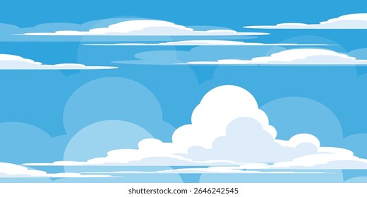 Sky with Clouds illustration in flat style. Sky and clouds background. Cloudy vector cartoon illustration in blue color. Nature abstract wallpaper.