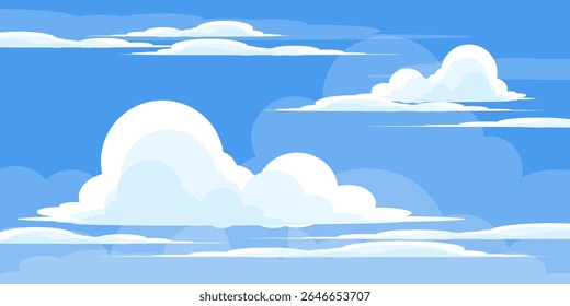 Sky with Clouds illustration in flat style. Sky and clouds background. Cloudy vector cartoon illustration in blue color. Nature abstract wallpaper.