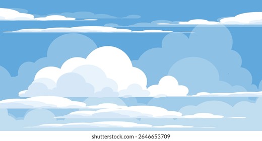 Sky with Clouds illustration in flat style. Sky and clouds background. Cloudy vector cartoon illustration in blue color. Nature abstract wallpaper.