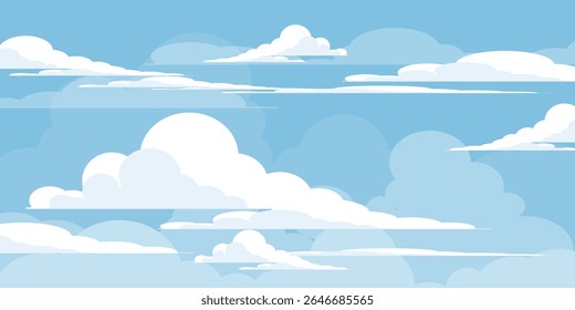 Sky with Clouds illustration in flat style. Sky and clouds background. Cloudy vector cartoon illustration in blue color. Nature abstract wallpaper.