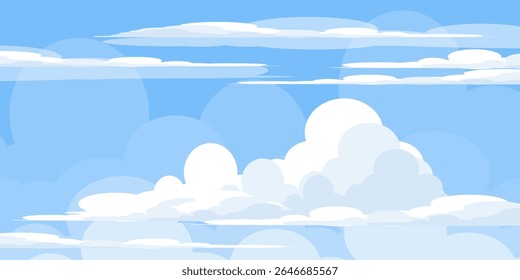 Sky with Clouds illustration in flat style. Sky and clouds background. Cloudy vector cartoon illustration in blue color. Nature abstract wallpaper.