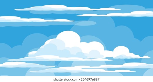 Sky with Clouds illustration in flat style. Sky and clouds background. Cloudy vector cartoon illustration in blue color. Nature abstract wallpaper.