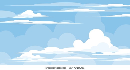 Sky with Clouds illustration in flat style. Sky and clouds background. Cloudy vector cartoon illustration in blue color. Nature abstract wallpaper.