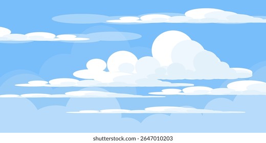 Sky with Clouds illustration in flat style. Sky and clouds background. Cloudy vector cartoon illustration in blue color. Nature abstract wallpaper.
