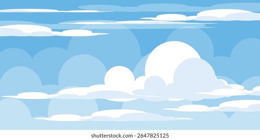 Sky with Clouds illustration in flat style. Sky and clouds background. Cloudy vector cartoon illustration in blue color. Nature abstract wallpaper.
