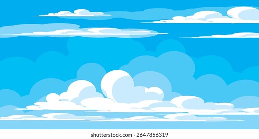 Sky with Clouds illustration in flat style. Sky and clouds background. Cloudy vector cartoon illustration in blue color. Nature abstract wallpaper.