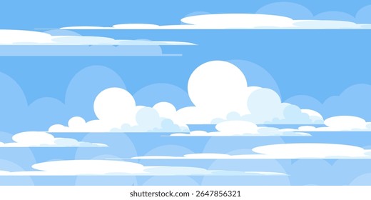 Sky with Clouds illustration in flat style. Sky and clouds background. Cloudy vector cartoon illustration in blue color. Nature abstract wallpaper.