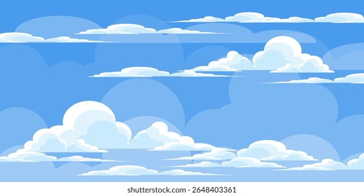 Sky with Clouds illustration in flat style. Sky and clouds background. Cloudy vector cartoon illustration in blue color. Nature abstract wallpaper.