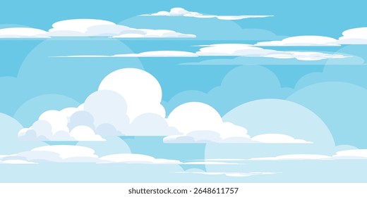 Sky with Clouds illustration in flat style. Sky and clouds background. Cloudy vector cartoon illustration in blue color. Nature abstract wallpaper.