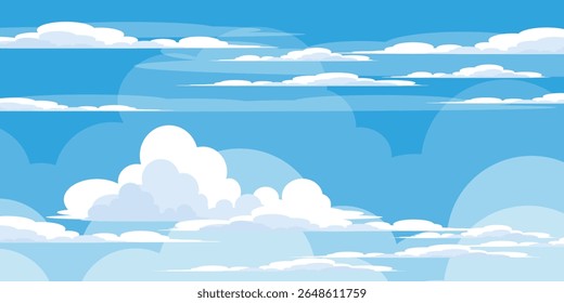 Sky with Clouds illustration in flat style. Sky and clouds background. Cloudy vector cartoon illustration in blue color. Nature abstract wallpaper.