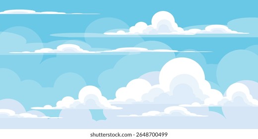 Sky with Clouds illustration in flat style. Sky and clouds background. Cloudy vector cartoon illustration in blue color. Nature abstract wallpaper.