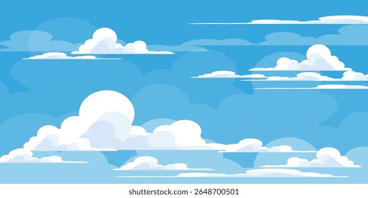 Sky with Clouds illustration in flat style. Sky and clouds background. Cloudy vector cartoon illustration in blue color. Nature abstract wallpaper.