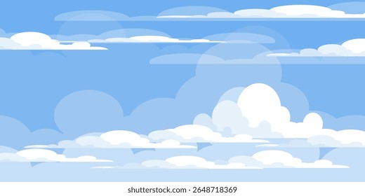 Sky with Clouds illustration in flat style. Sky and clouds background. Cloudy vector cartoon illustration in blue color. Nature abstract wallpaper.
