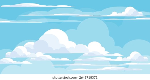 Sky with Clouds illustration in flat style. Sky and clouds background. Cloudy vector cartoon illustration in blue color. Nature abstract wallpaper.