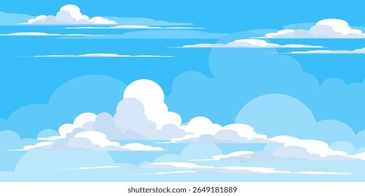 Sky with Clouds illustration in flat style. Sky and clouds background. Cloudy vector cartoon illustration in blue color. Nature abstract wallpaper.