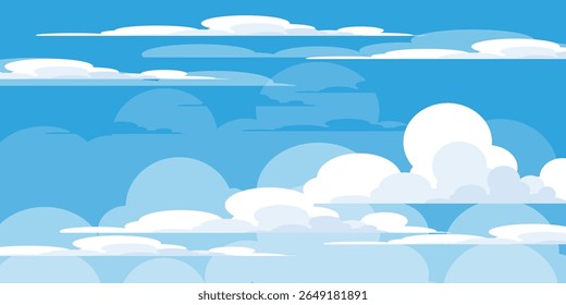 Sky with Clouds illustration in flat style. Sky and clouds background. Cloudy vector cartoon illustration in blue color. Nature abstract wallpaper.