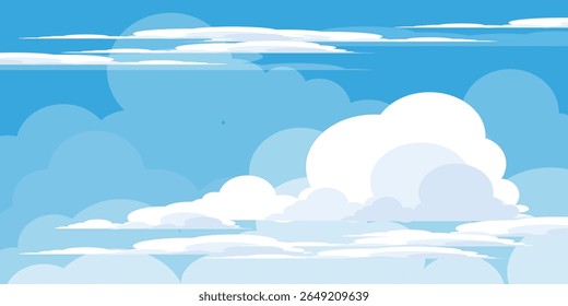 Sky with Clouds illustration in flat style. Sky and clouds background. Cloudy vector cartoon illustration in blue color. Nature abstract wallpaper.