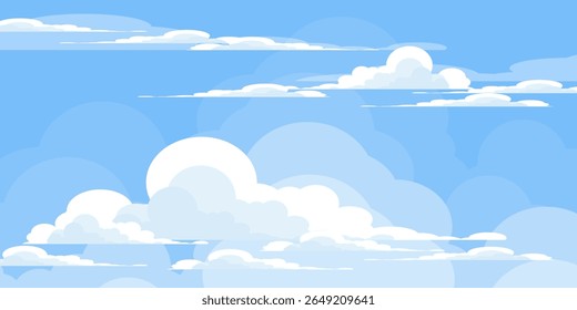 Sky with Clouds illustration in flat style. Sky and clouds background. Cloudy vector cartoon illustration in blue color. Nature abstract wallpaper.