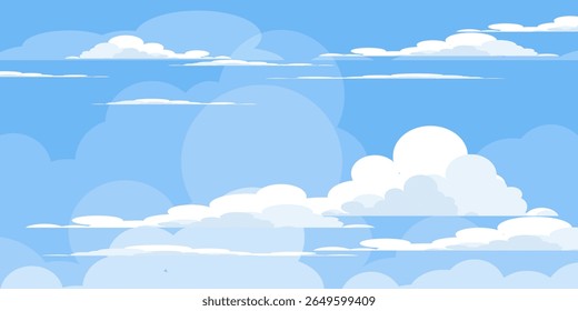 Sky with Clouds illustration in flat style. Sky and clouds background. Cloudy vector cartoon illustration in blue color. Nature abstract wallpaper.