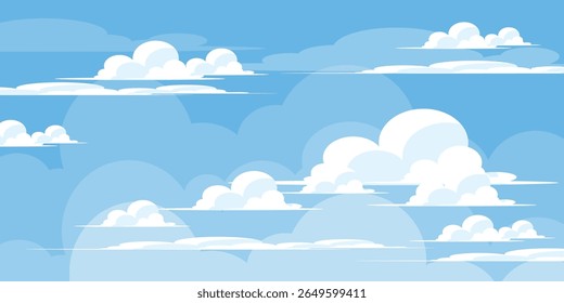 Sky with Clouds illustration in flat style. Sky and clouds background. Cloudy vector cartoon illustration in blue color. Nature abstract wallpaper.