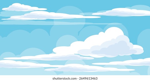Sky with Clouds illustration in flat style. Sky and clouds background. Cloudy vector cartoon illustration in blue color. Nature abstract wallpaper.