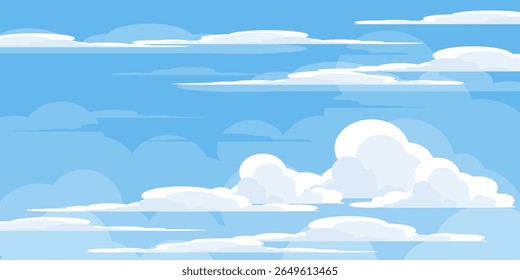 Sky with Clouds illustration in flat style. Sky and clouds background. Cloudy vector cartoon illustration in blue color. Nature abstract wallpaper.