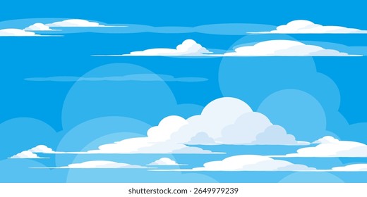 Sky with Clouds illustration in flat style. Sky and clouds background. Cloudy vector cartoon illustration in blue color. Nature abstract wallpaper.