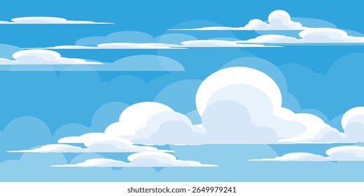 Sky with Clouds illustration in flat style. Sky and clouds background. Cloudy vector cartoon illustration in blue color. Nature abstract wallpaper.