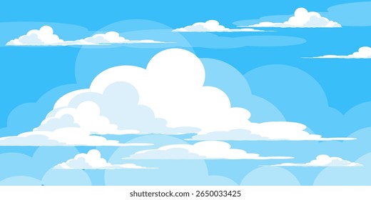 Sky with Clouds illustration in flat style. Sky and clouds background. Cloudy vector cartoon illustration in blue color. Nature abstract wallpaper.