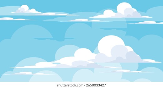 Sky with Clouds illustration in flat style. Sky and clouds background. Cloudy vector cartoon illustration in blue color. Nature abstract wallpaper.