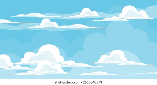 Sky with Clouds illustration in flat style. Sky and clouds background. Cloudy vector cartoon illustration in blue color. Nature abstract wallpaper.