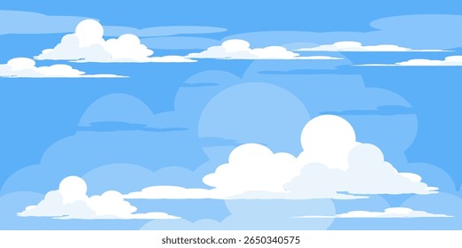 Sky with Clouds illustration in flat style. Sky and clouds background. Cloudy vector cartoon illustration in blue color. Nature abstract wallpaper.