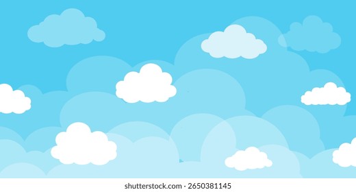 Sky with Clouds illustration in flat style. Sky and clouds background. Cloudy vector cartoon illustration in blue color. Nature abstract wallpaper.