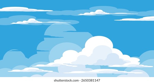 Sky with Clouds illustration in flat style. Sky and clouds background. Cloudy vector cartoon illustration in blue color. Nature abstract wallpaper.