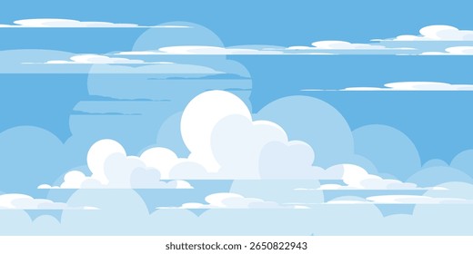 Sky with Clouds illustration in flat style. Sky and clouds background. Cloudy vector cartoon illustration in blue color. Nature abstract wallpaper.