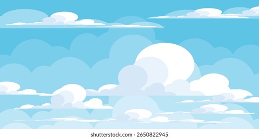 Sky with Clouds illustration in flat style. Sky and clouds background. Cloudy vector cartoon illustration in blue color. Nature abstract wallpaper.