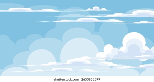Sky with Clouds illustration in flat style. Sky and clouds background. Cloudy vector cartoon illustration in blue color. Nature abstract wallpaper.
