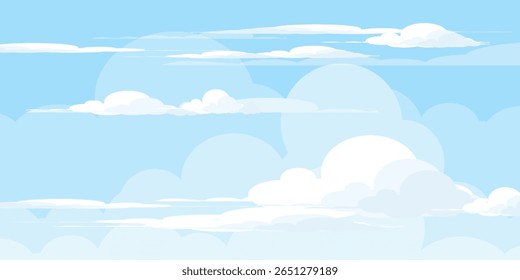 Sky with Clouds illustration in flat style. Sky and clouds background. Cloudy vector cartoon illustration in blue color. Nature abstract wallpaper.