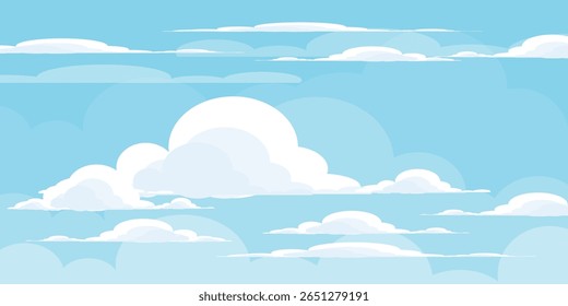Sky with Clouds illustration in flat style. Sky and clouds background. Cloudy vector cartoon illustration in blue color. Nature abstract wallpaper.