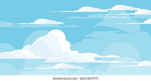 Sky with Clouds illustration in flat style. Sky and clouds background. Cloudy vector cartoon illustration in blue color. Nature abstract wallpaper.
